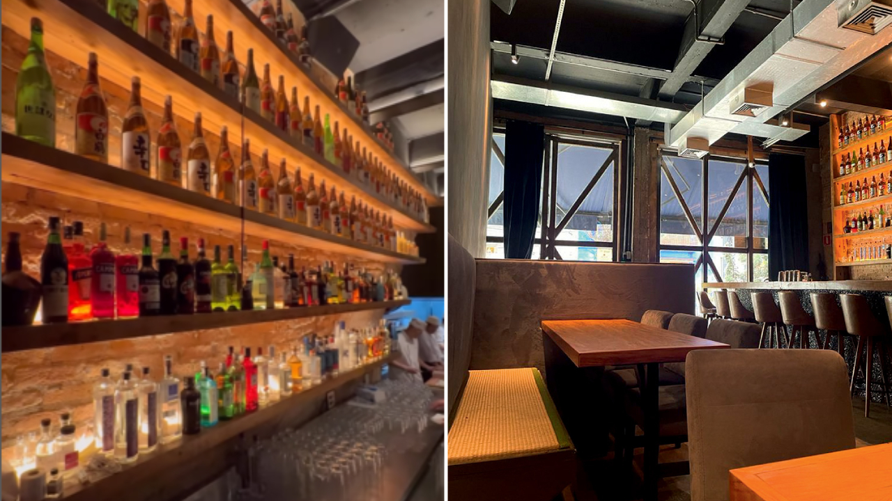 Duas imagens dividias por linha branca. À esquerda prateleira com garrafas de bebidas. À direita, salão do Bar do Naga.