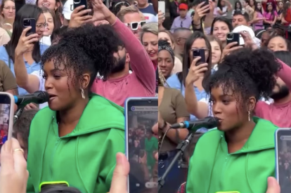 Montagem com duas fotos mostra Iza cantando em frente a microfone com multidão a rodeando e filmando com celulares