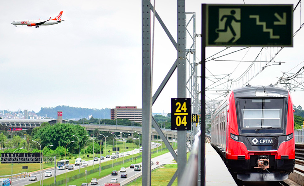 imagem de um trem da cptm e, ao fundo, um avião no céu