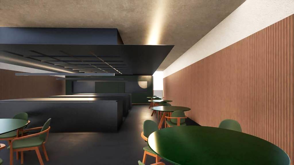 Tuju 3D do novo restaurante do Tuju, com mesas à direita e cozinha ao fundo.