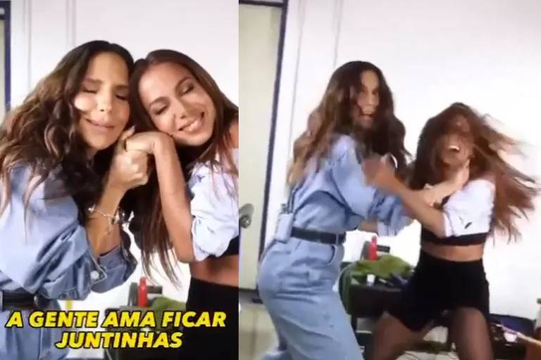 Duas fotos mostram Ivete e Anitta lado a lado, em uma amorosas, em outra se engalfinhando. Na primeira, a legenda "a gente ama ficar juntinhas".