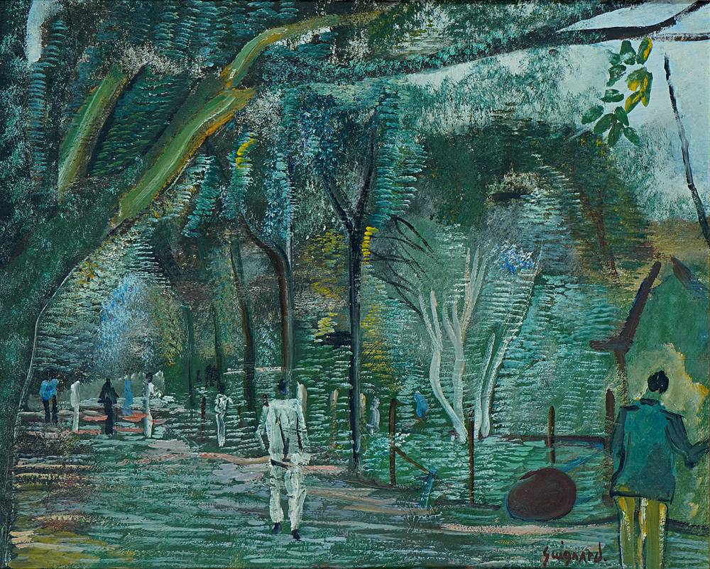 Obra Parque Municipal de Guignard_1942_óleo sobre tela_reprodução fotográfica Michael Souza Rodrigues.JPG Quadro de paisagem verde exibe cenário de árvores com homem vestido de branco no centro, em uma espécie de parque.