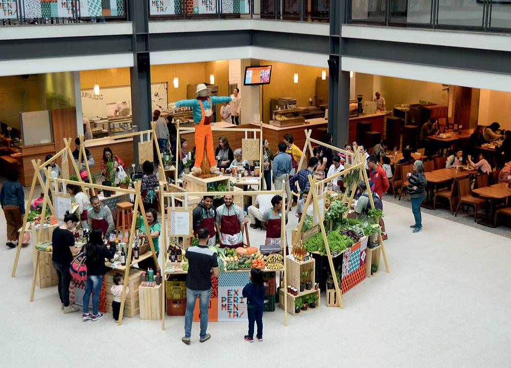 Feira de orgânicos ao centro de salão com luz natural.