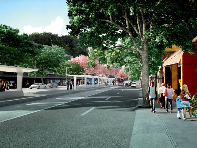 avenida santo amaro Imagem mostra croqui com trecho da Avenida Santo Amaro com mais árvores, calçada mais larga, sem fios aparentes e com ponto de ônibus central renovado