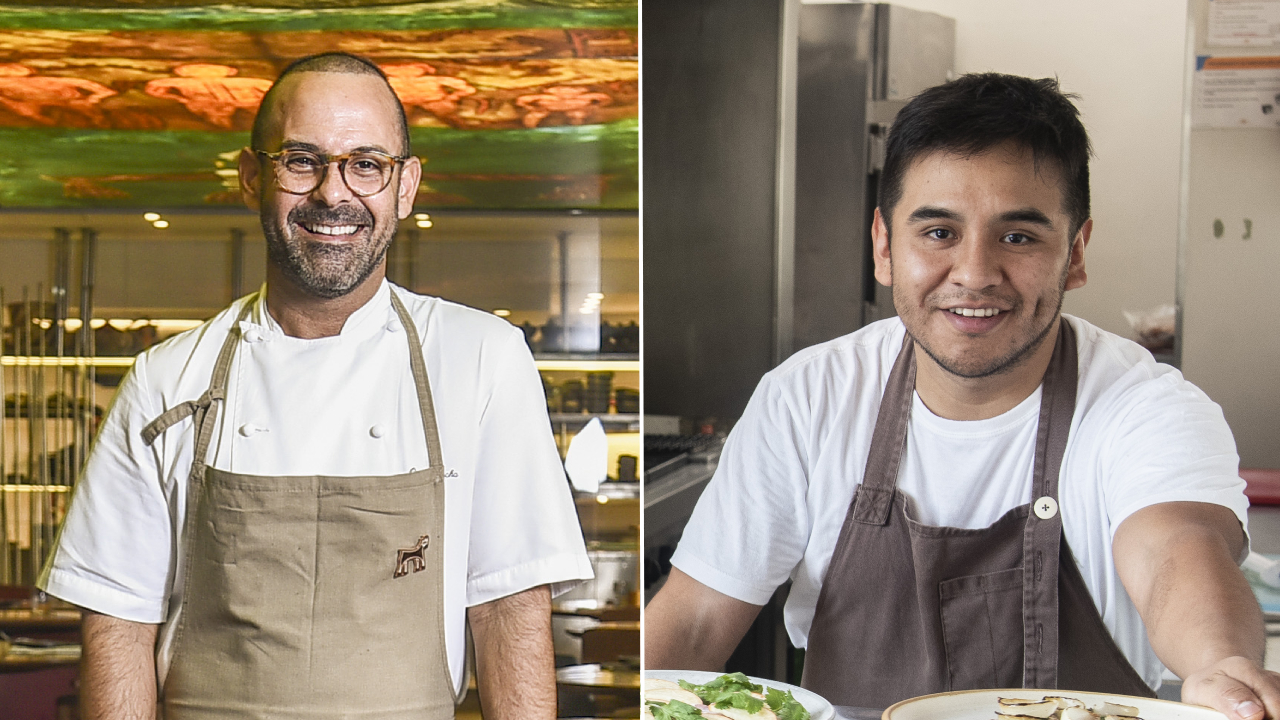 Duas imagens verticais divididas por linha fina branca. À esquerda, chef de óculos sorrindo e avental bege sobre dólmã em salão de restaurante. À direita, chef de camiseta branca e avental cinza por cima sorrindo.