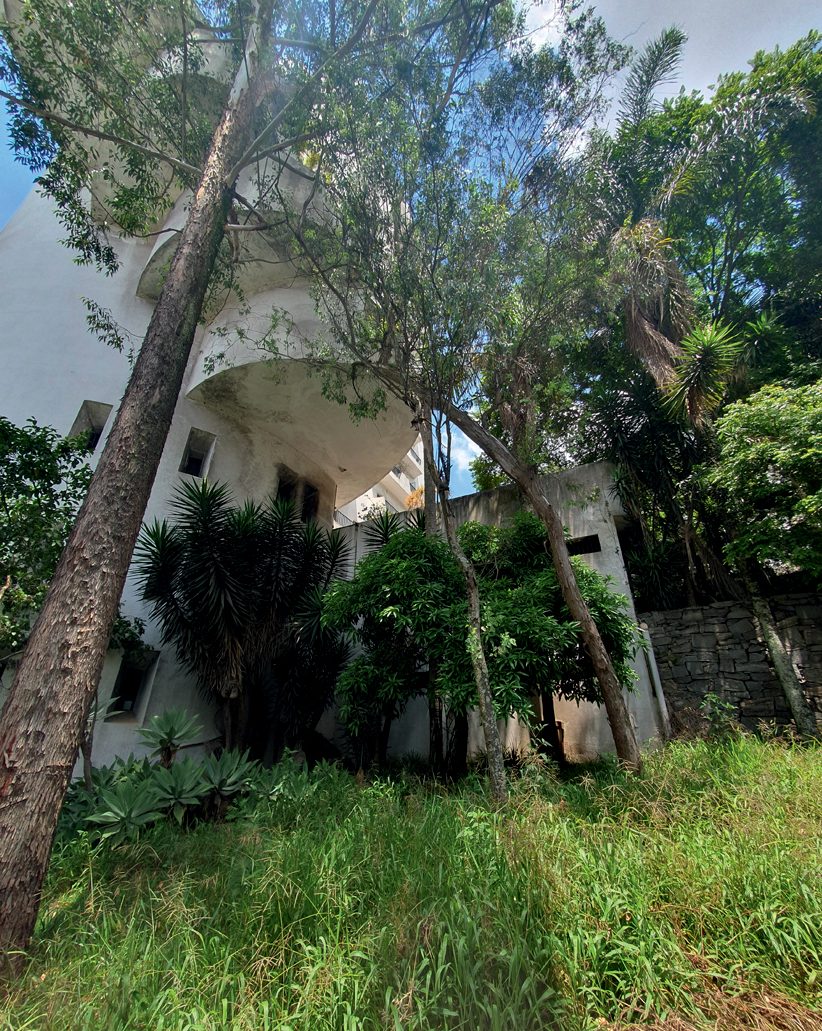 edifício penthouse Imagem mostra área com mato alto na parte debaixo do prédio, com costas do edifício ao fundo. Área de algumas árvores e boa parte do chão tem mato alto