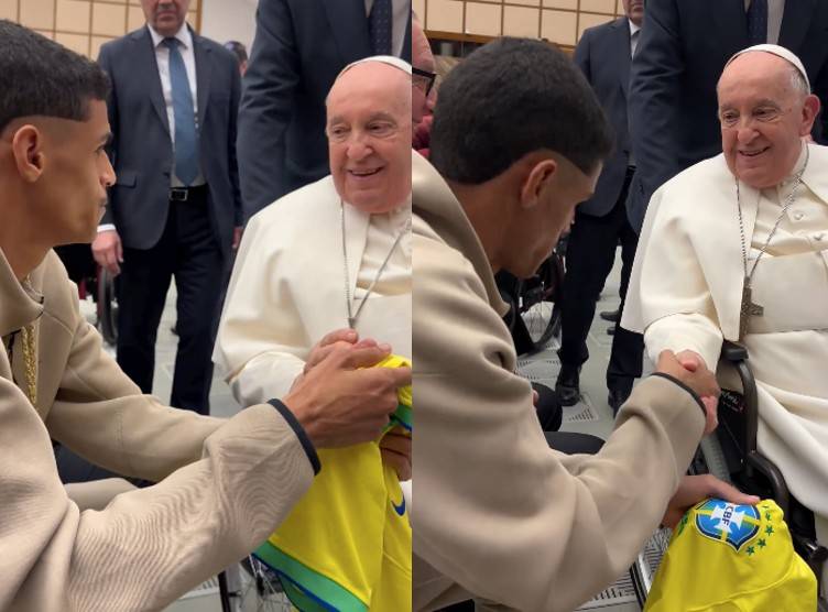 Luva de Pedreiro conhece Papa e pergunta: ‘Messi ou Cristiano Ronaldo?’