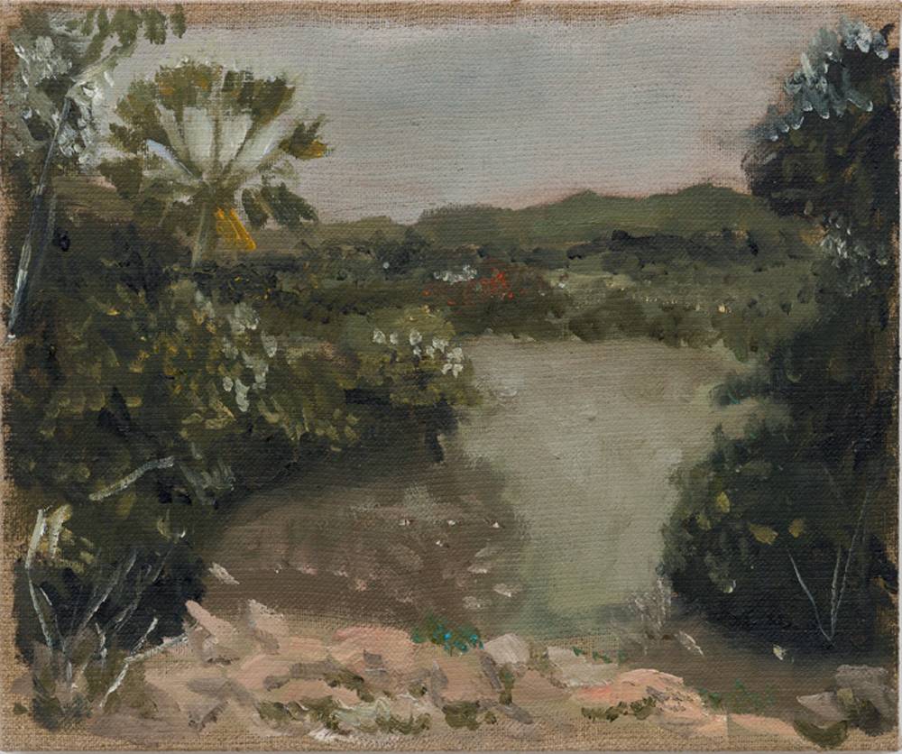 Millan_David Almeida_ph Ana Pigosso.jpg Quadro de paisagem exibe árvores e lago em tons verdes