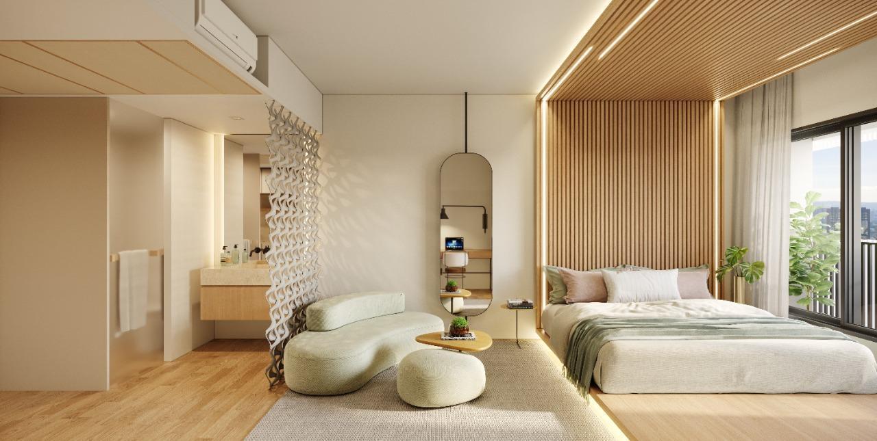 Projeção de quarto de hotel branco e minimalista com janela