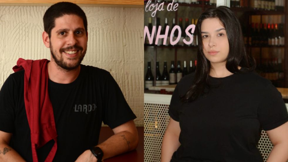 Duas pessoas em montagem de fotos olhando pra câmera