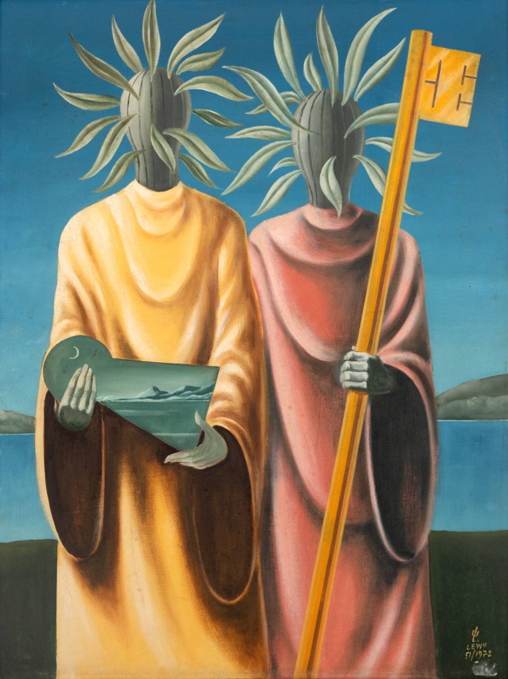 Walter Lewy_Sem título1 Obra surrealista com figuras humanas em trajes largos e cabeça de planta