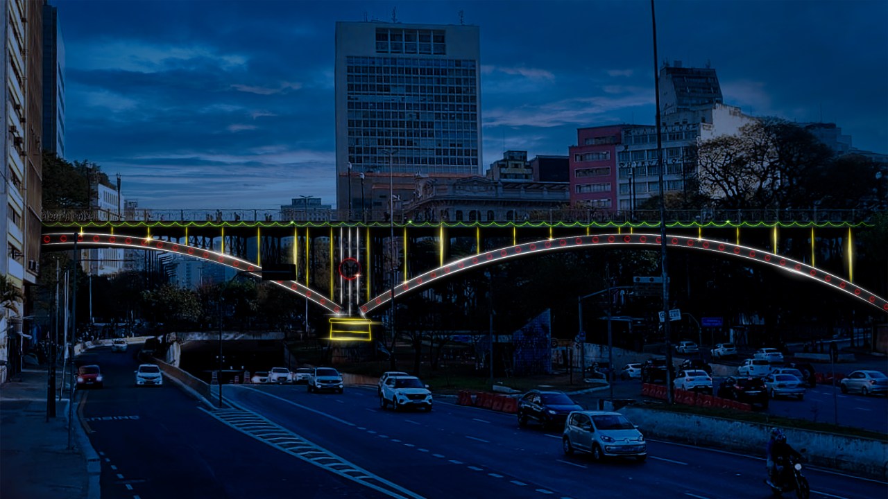 Projeção de como vai ficar iluminação de Natal no Viaduto Santa Efigênia