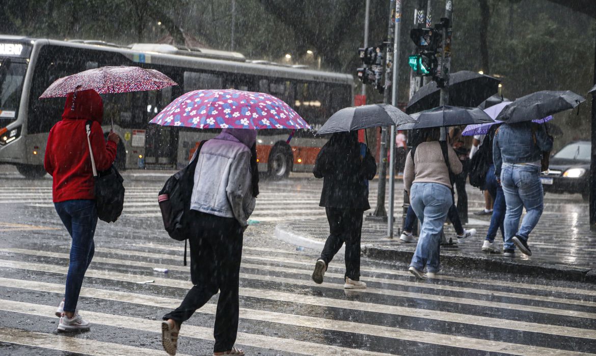 Pessoas com guarda-chuva atravessando a faixa