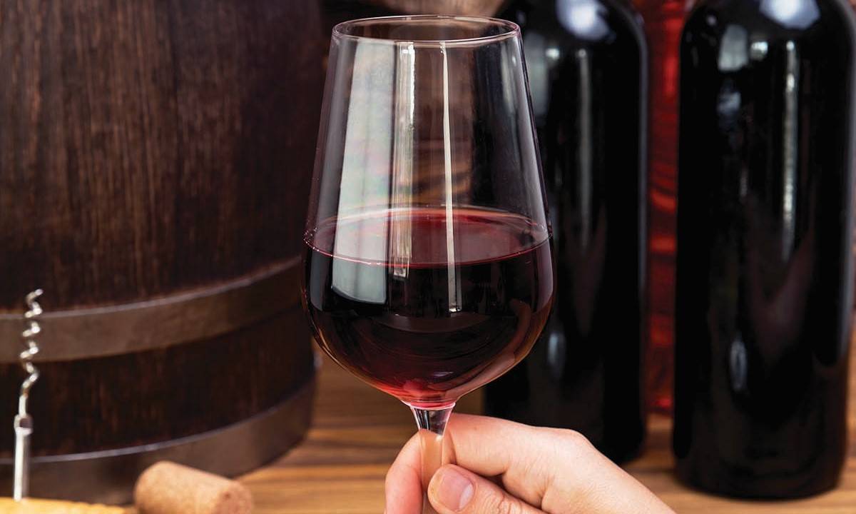 Pessoa segurando taça com vinho tinto