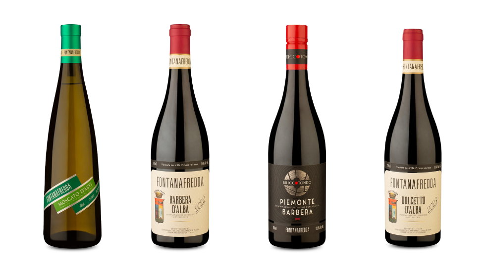 Fontanafreddas D.O.C.G. Moscato d'Asti 2023, Briccotondo D.O.C. Piemonte Barbera 2023, D.O.C. Barbera d'Alba 2022, D.O.C. Dolcetto d'Alba 2023