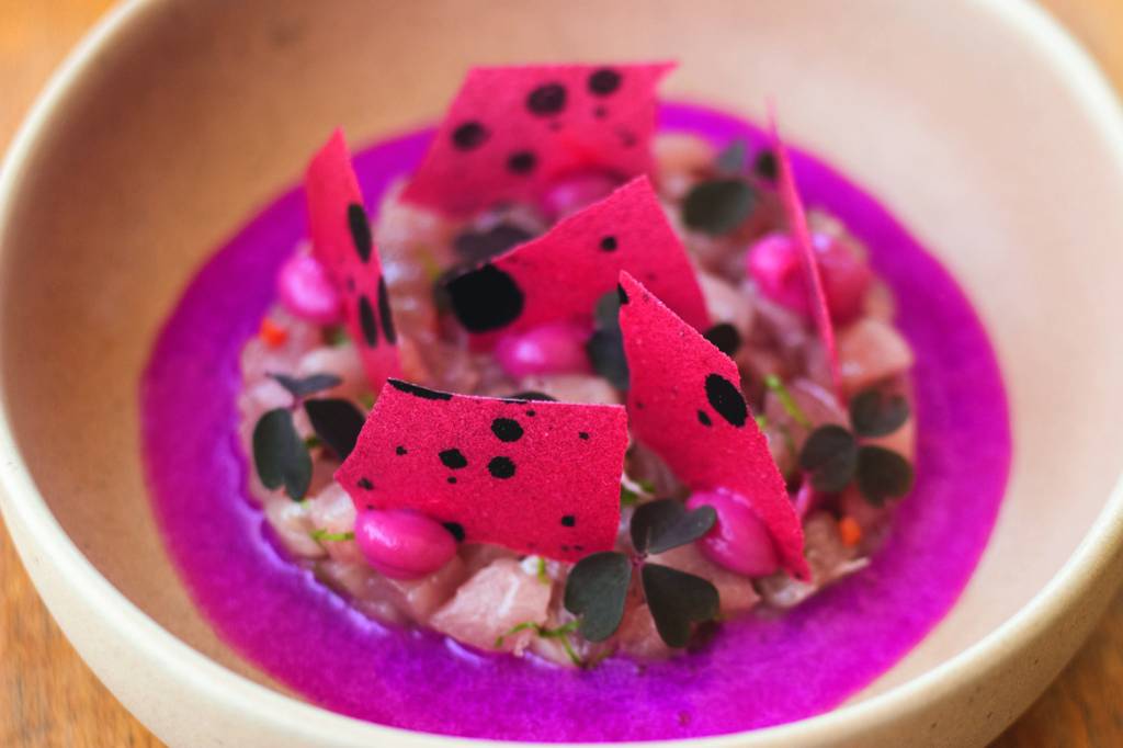 Ceviche – Corrutela Crédito Cesar Costa.jpg Prato redondo com molho rosa