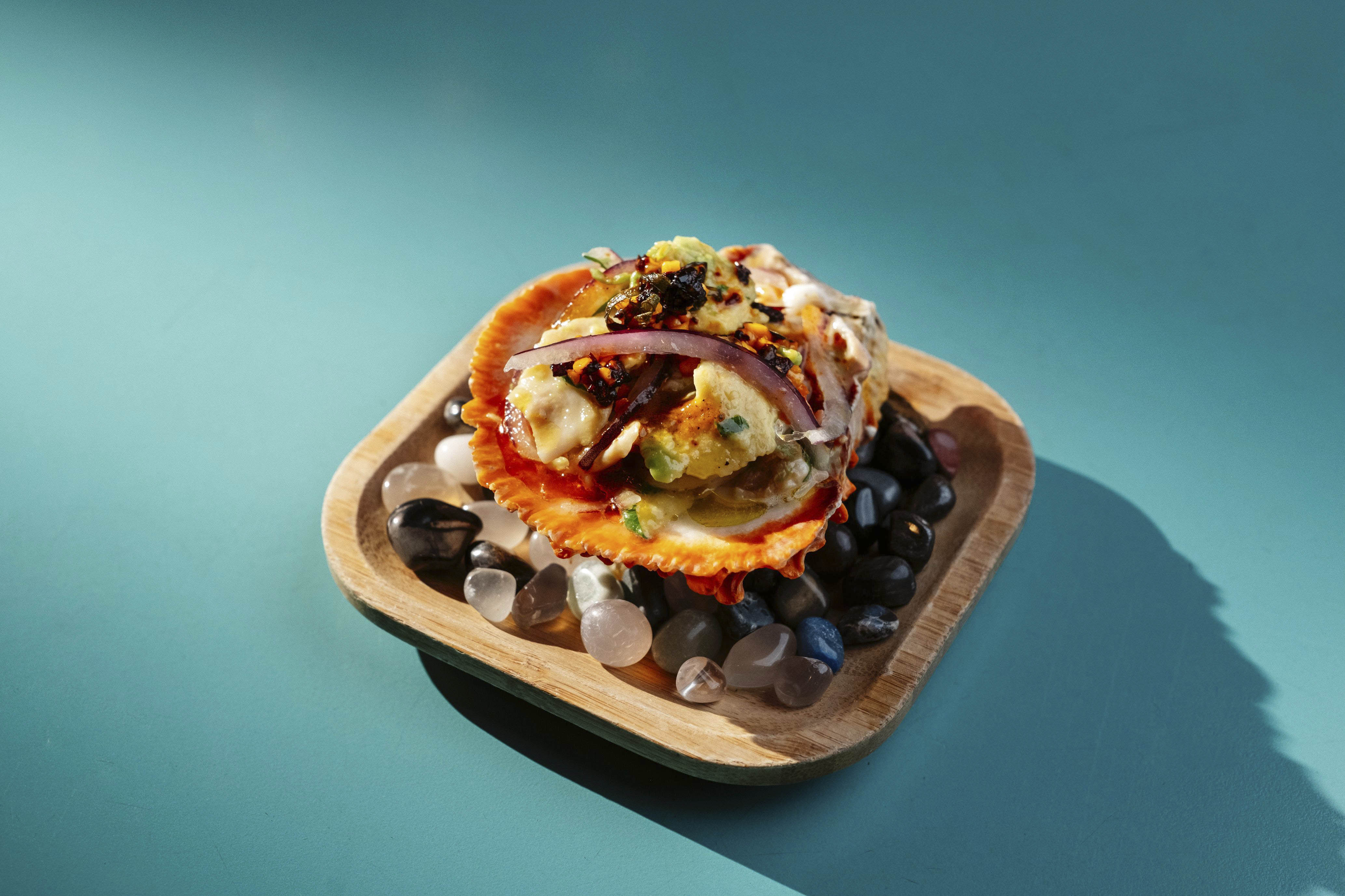 Fundo verde e o prato ceviche em destaque com prato de madeira