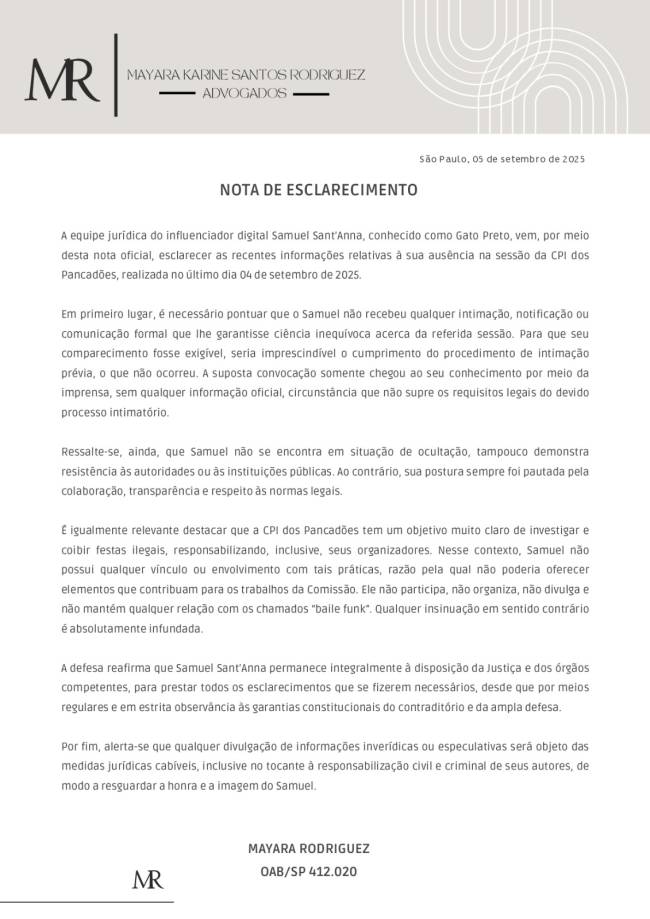 Posicionamento da defesa do influenciador Gato Preto