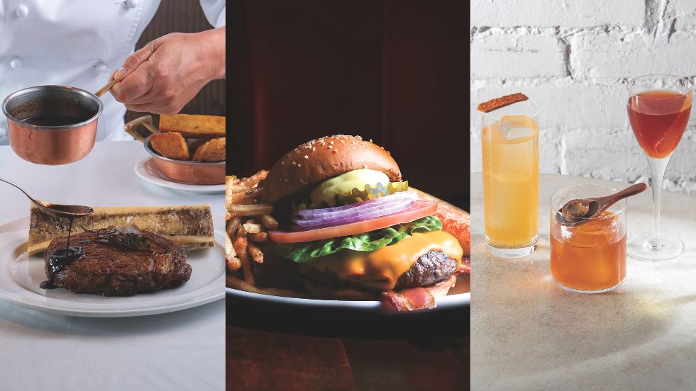 Montagem com lanche, carne e drinques