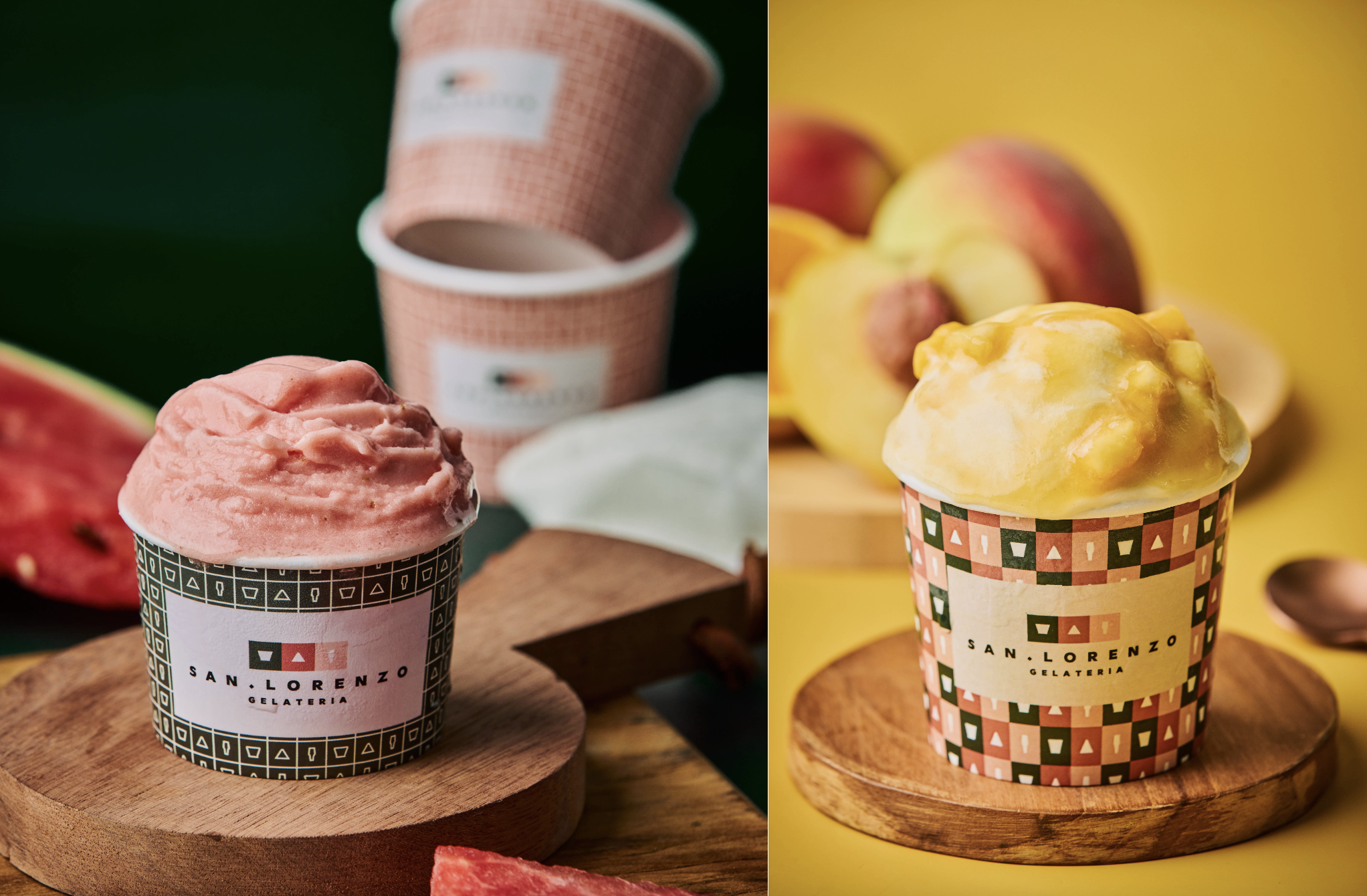 San Lorenzo: anguria, sorbet vegano de melancia e pesca e arancia, de p&ecirc;ssego e laranja