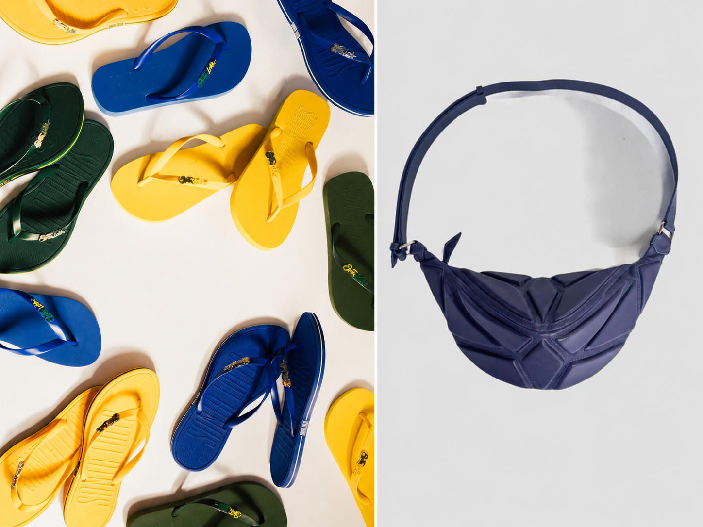 Chinelo de dedo amarelo, azul e verde espalhados sobre fundo branco, ao lado de uma bolsa azul-marinho com textura geométrica