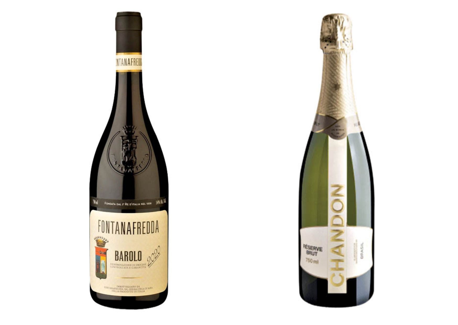 Garrafa de vinho tinto Fontanafredda Barolo com r&oacute;tulo bege e garrafa de espumante Chandon Reserve Brut com r&oacute;tulo branco e dourado, ambas em fundo branco