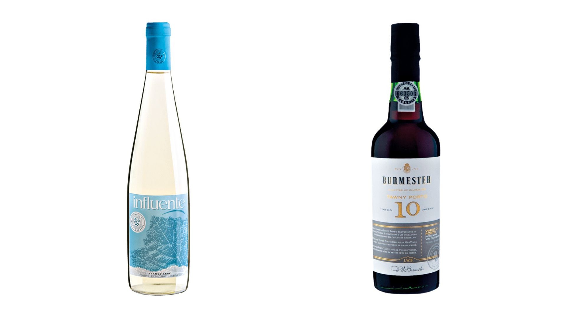 Duas garrafas de vinho em fundo branco. &Agrave; esquerda, vinho branco Influente com r&oacute;tulo azul e desenho de folha. &Agrave; direita, vinho tinto Burmester Tawny Port 10 com r&oacute;tulo branco e detalhes dourados