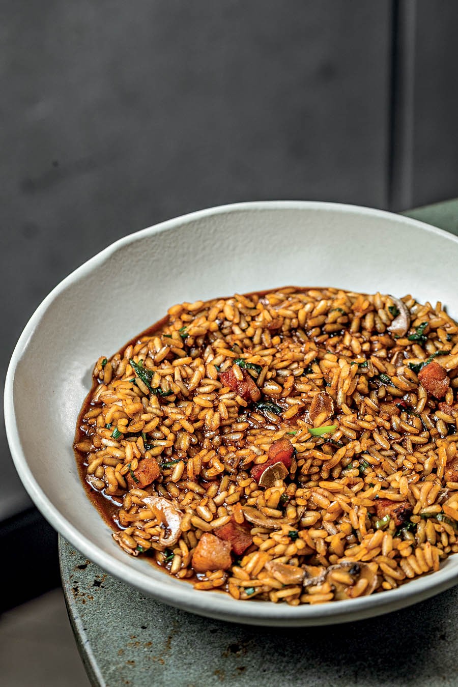 Prato branco com arroz escuro, peda&ccedil;os de carne e folhas verdes, sobre uma superf&iacute;cie cinza texturizada