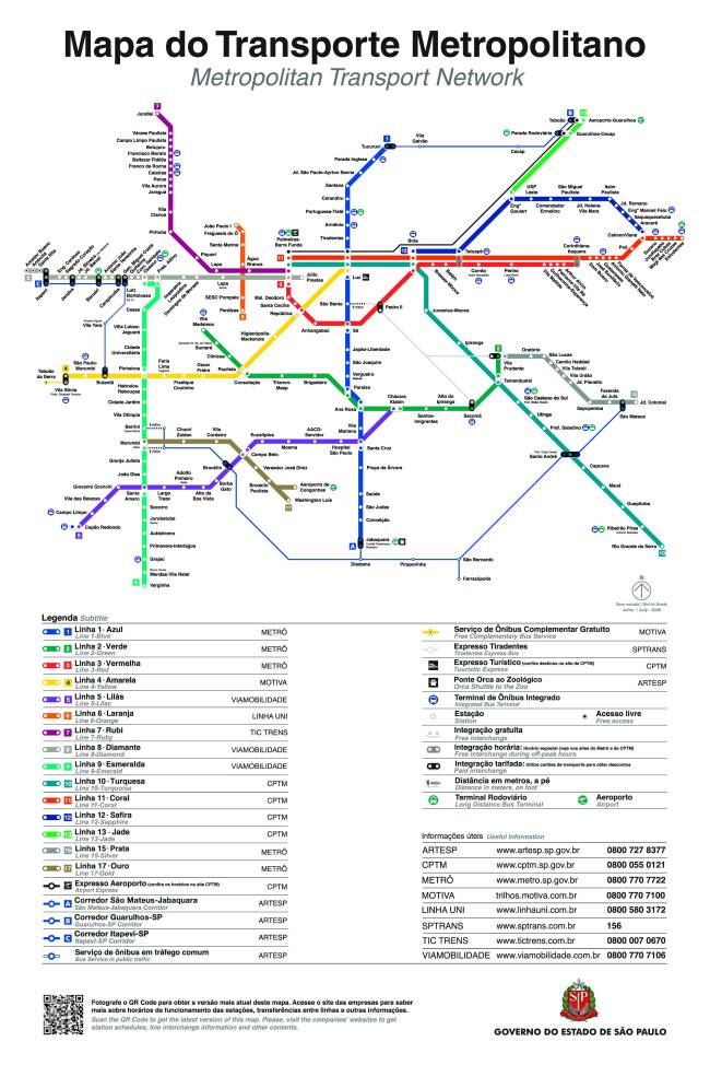 Mapa do transporte metropolitano de S&atilde;o Paulo, com linhas de metr&ocirc; e trem coloridas, indicando esta&ccedil;&otilde;es e conex&otilde;es. A legenda detalha as linhas por cor e nome, al&eacute;m de servi&ccedil;os de &ocirc;nibus e informa&ccedil;&otilde;es &uacute;teis de contato