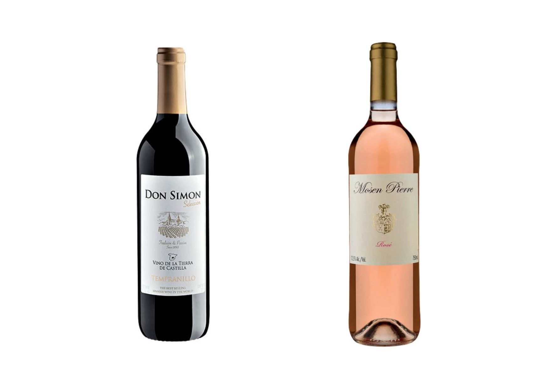 Duas garrafas de vinho em fundo branco: &agrave; esquerda, vinho tinto Don Simon com r&oacute;tulo branco e dourado; &agrave; direita, vinho ros&eacute; Mos&eacute;n Pierre com r&oacute;tulo bege e dourado