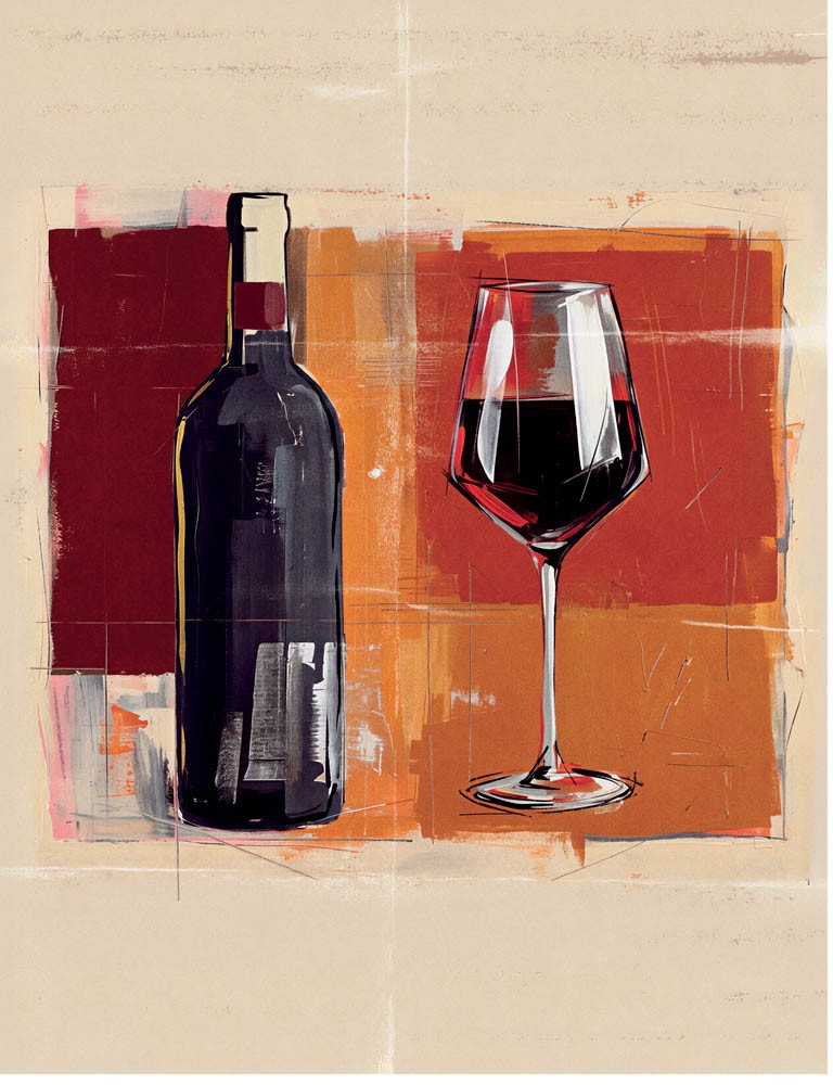 Pintura abstrata de uma garrafa de vinho tinto e uma ta&ccedil;a com vinho, sobre fundo bege com manchas em tons de vermelho, laranja e marrom