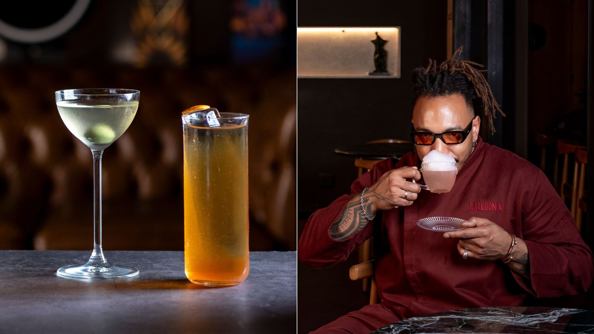 &Agrave; esquerda, dois coquet&eacute;is sobre uma mesa escura: um martini com azeitona e um copo alto com bebida &acirc;mbar e gelo. &Agrave; direita, um homem negro de dreads, &oacute;culos escuros e camisa vinho, sorvendo uma bebida rosada com fuma&ccedil;a saindo da x&iacute;cara