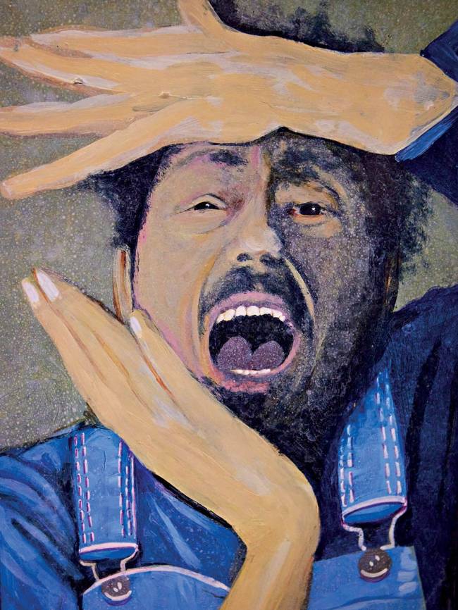 Pintura de um homem negro com express&atilde;o de p&acirc;nico, boca aberta em grito, uma m&atilde;o sobre a cabe&ccedil;a e outra na lateral do rosto. Ele veste um macac&atilde;o jeans azul com detalhes em rosa e tem barba. A pele do rosto est&aacute; dividida em tons claros e escuros, com textura granulada